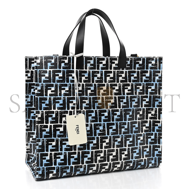 FENDI X JOSHUA VIDES COATED CANVAS FF CLOUDY SHOPPING TOTE WHITE CELESTE BLACK (39*35*19cm) 